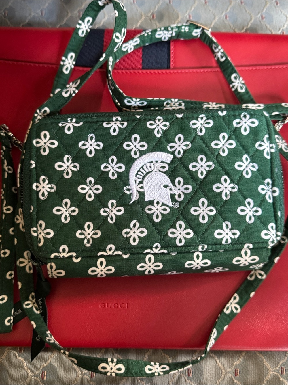 Vera Bradley Go Green Go White Quilted Crossbody Spartan Helmet Purse Bag Wallet